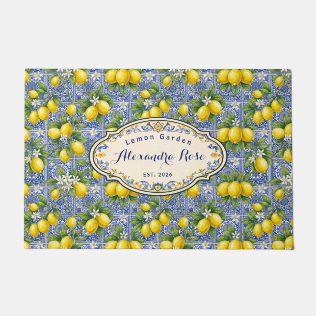 Monogram Name Lemon Blue French Country Tile  Doormat (Front)