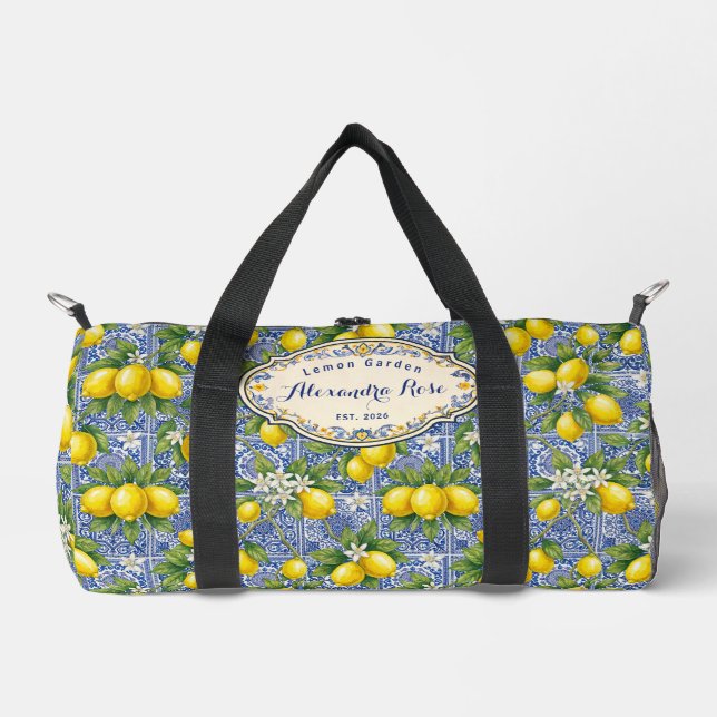 Monogram Name Lemon Blue French Country Tile  Duffle Bag (Front)