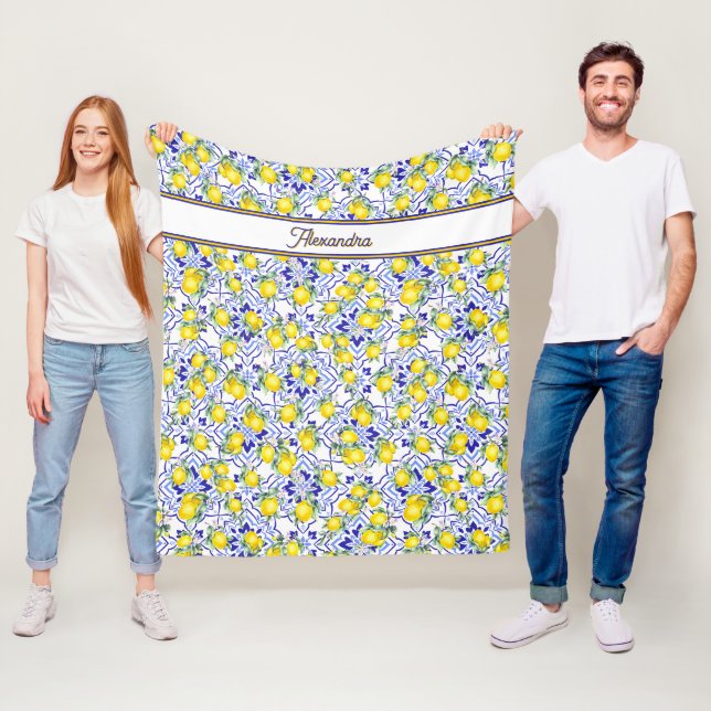 Monogram Name Lemon Blue French Country Tile  Fleece Blanket (In Situ)