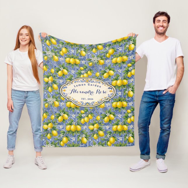 Monogram Name Lemon Blue French Country Tile  Fleece Blanket (In Situ)