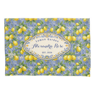 Monogram Name Lemon Blue French Country Tile  Pillowcase