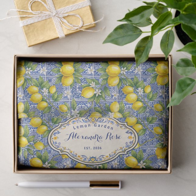 Monogram Name Lemon Blue French Country Tile  Tissue Paper (Gift)