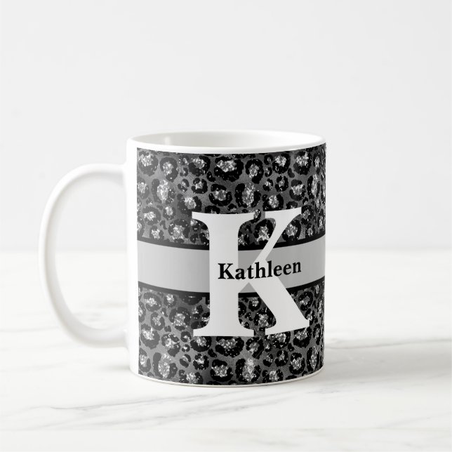 Monogram Name Leopard Print Black Silver Grey  Coffee Mug (Left)