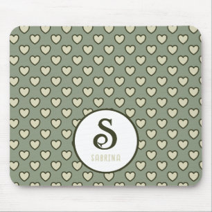 Monogram Name Light Green Hearts Pattern Mouse Pad