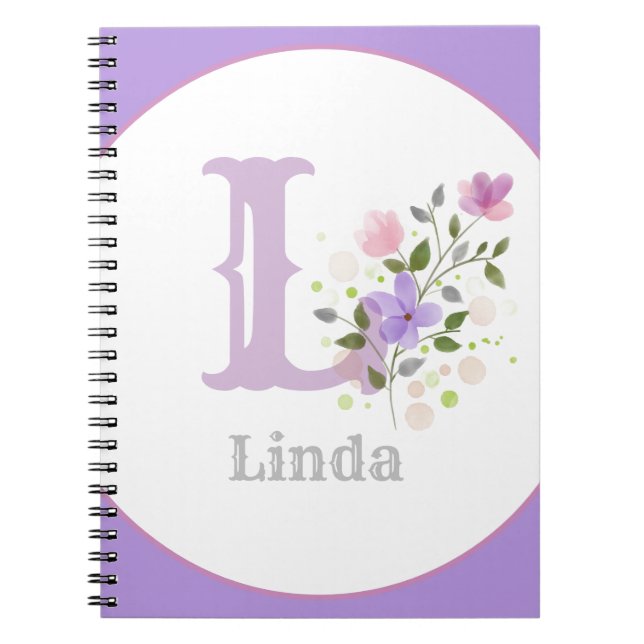 Monogram & Name Linda with Flowers Notebook (Front)