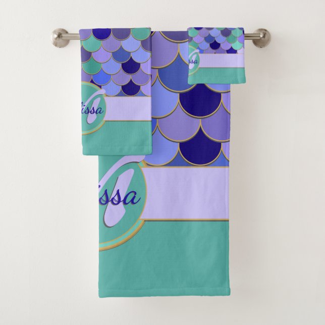 Monogram + Name Mermaid Aqua Teal Purple Blue Bath Towel Set (Insitu)