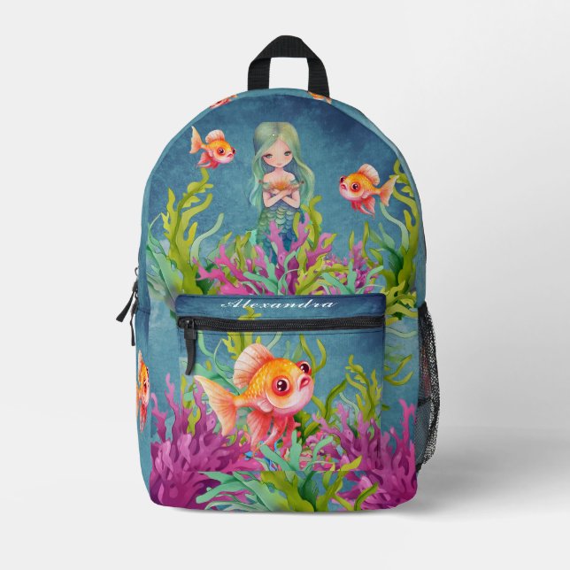  Monogram Name Mermaid Beach Teal Blue Printed Backpack (Front)