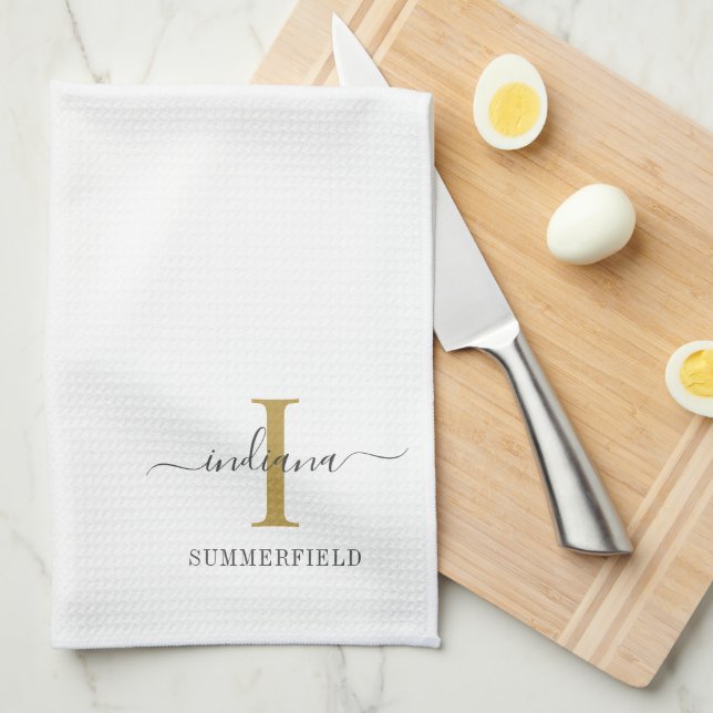 Monogram Name Minimalist Gold Grey Script Custom Tea Towel (Quarter Fold)