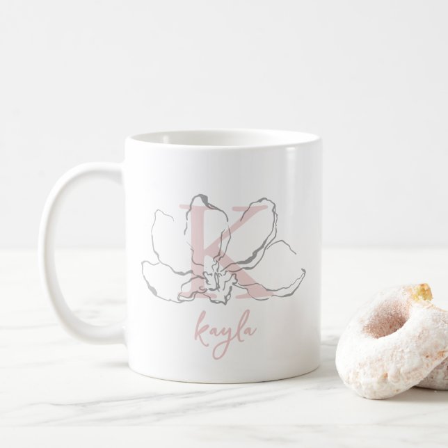 Monogram & Name Minimalist Modern Flower Sketch Coffee Mug (With Donut)