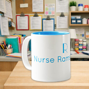 Monogram Name Minimalist Sky Blue School Nurse Two-Tone Coffee Mug