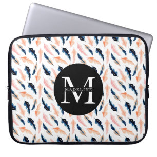 Monogram Name Modern Cute Nature Feather Pattern Laptop Sleeve