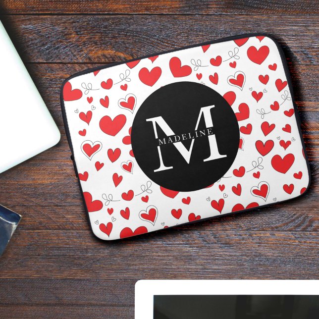Monogram Name Modern Cute Red Heart Pattern Laptop Laptop Sleeve (Creator Uploaded)