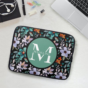 Monogram Name Modern Elegant Floral Cute Chic Lapt Laptop Sleeve