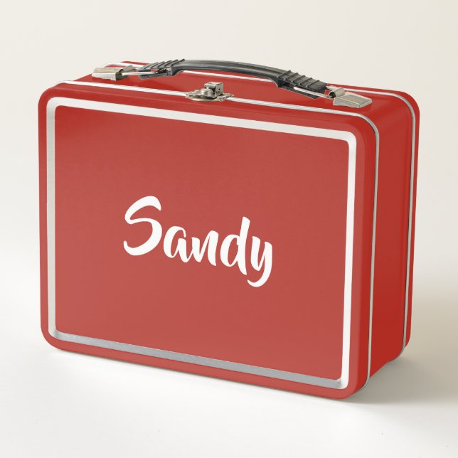 Monogram name modern red white, metal lunch box (Front)