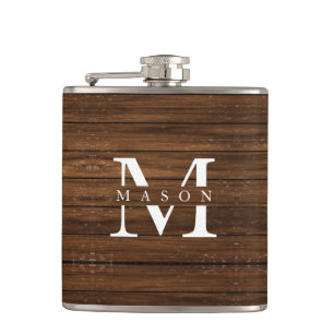 Monogram Name Modern Rustic Wood White Classy Hip Flask