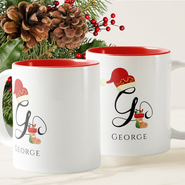 Monogram Name Modern Script Letter G Holiday Two-Tone Coffee Mug (Creator Uploaded)