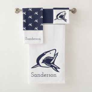 Monogram Name Nautical Shark Navy Blue   white Bath Towel Set