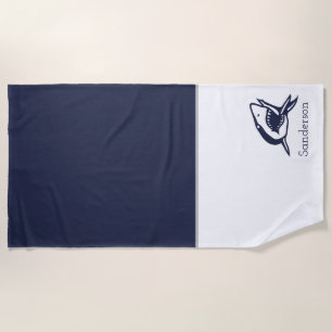 Monogram Name Nautical Shark Navy Blue white Beach Towel