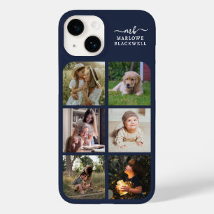 Monogram Name Navy Blue 6 Photo Collage Case-Mate iPhone 14 Case