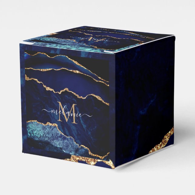 Monogram Name Navy Blue Gold Glitter Favour Boxes (Front Side)