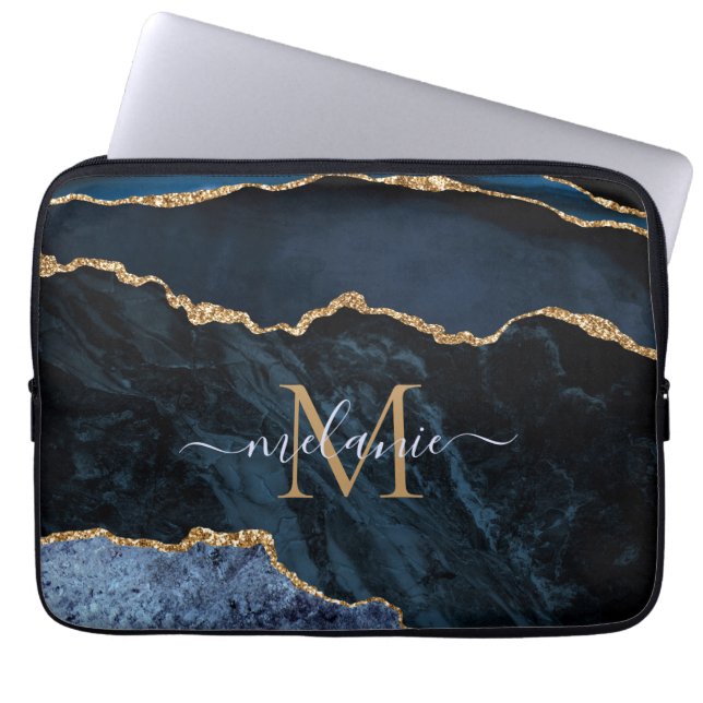 Monogram Name Navy Blue Gold Marble Laptop Sleeve (Front)