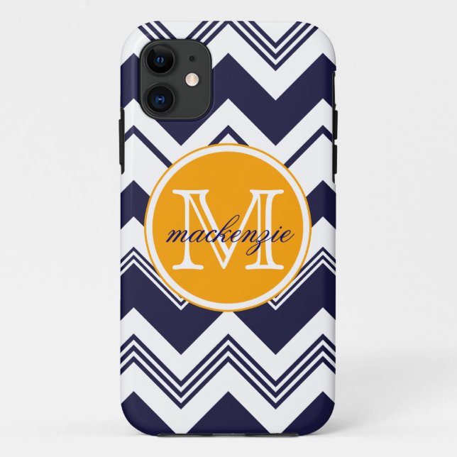 Monogram Name Navy Blue White Chevron Pattern Case-Mate iPhone Case (Back)