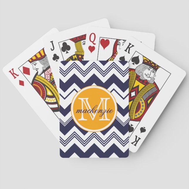 Monogram Name Navy Blue White Chevron Pattern Playing Cards (Back)