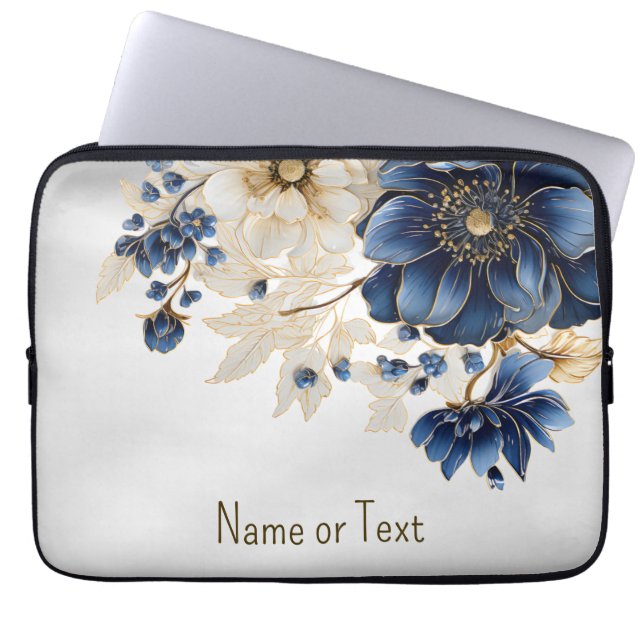 Monogram Name Navy Blue White Golden Floral Laptop Sleeve (Front)