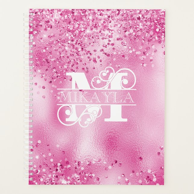 Monogram & Name on Faux Fuchsia Foil & Glitter Planner (Front)