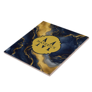 Monogram Name on NavyGold Abstract Marble FluidArt Ceramic Tile