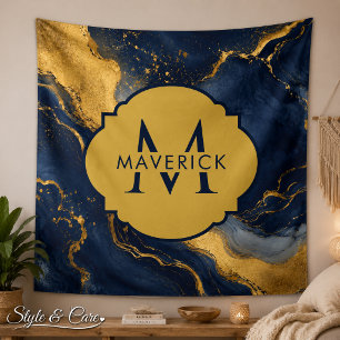 Monogram Name on NavyGold Abstract Marble FluidArt Tapestry