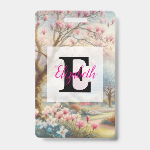 Monogram name on vintage watercolor floral park ID badge