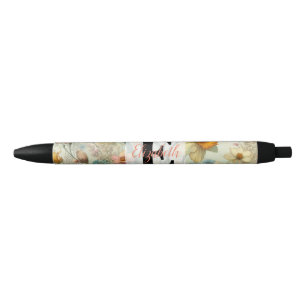 Monogram name on vintage watercolor flowers black ink pen