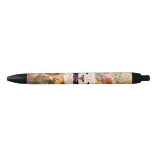 Monogram name on vintage watercolor flowers black ink pen