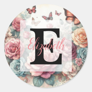 Monogram name on vintage watercolor flowers  classic round sticker