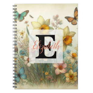Monogram name on vintage watercolor flowers  notebook