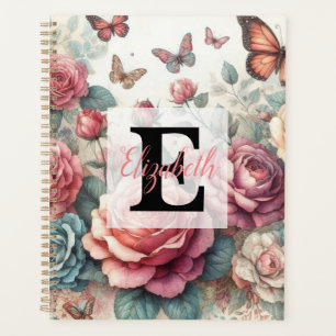 Monogram name on vintage watercolor flowers planner