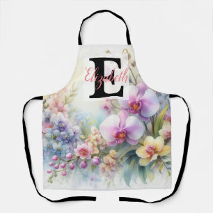 Monogram name on watercolor Flowers in pastels  Apron