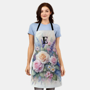 Monogram name on watercolor Flowers in pastels   Apron
