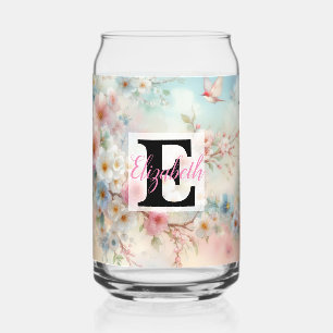 Monogram name on watercolor Flowers in pastels Can Glass