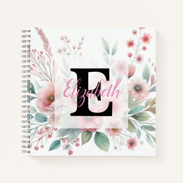 Monogram name on watercolor Flowers in pastels  Notebook (Front)