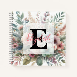 Monogram name on watercolor Flowers in pastels Notebook