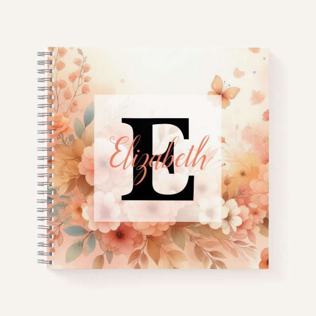 Monogram name on watercolor Flowers in pastels  Notebook (Front)