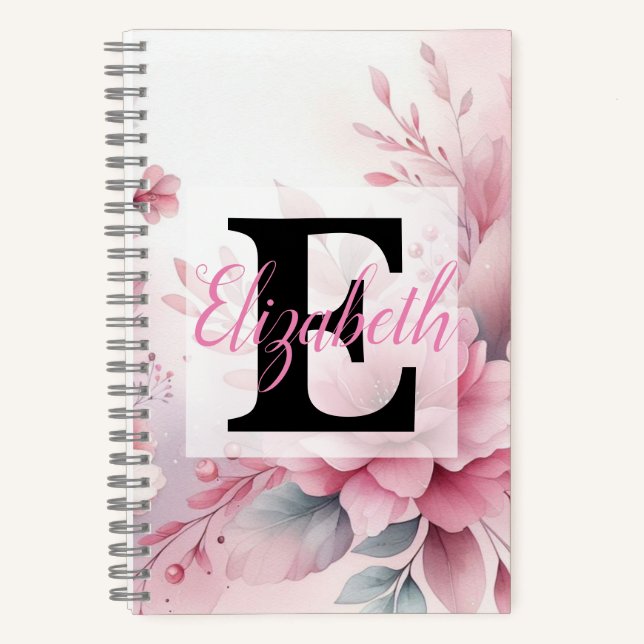 Monogram name on watercolor Flowers in pastels  Notebook (Front)