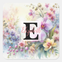 Monogram name on watercolor Flowers in pastels 