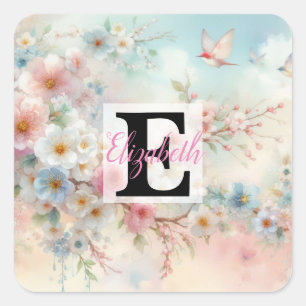Monogram name on watercolor Flowers in pastels Square Sticker