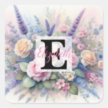 Monogram name on watercolor Flowers in pastels  