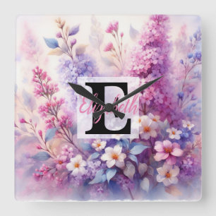 Monogram name on watercolor Flowers in pastels Square Wall Clock