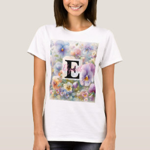 Monogram name on watercolor Flowers in pastels T-Shirt