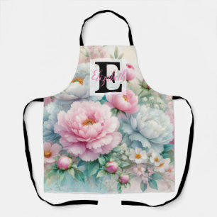 Monogram name on watercolor Flowers in pastels Th Apron